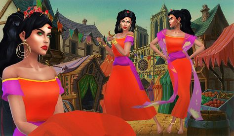 Esmeralda You wanted me to create her so I did. Hope you like my outfits I have made! We need more Disney in The Sims, don’t you agree! :) I give you 2 clothing options - One casual top and skirt and... Sims 4 Esmeralda Cc, Sims 4 Disney Princess Cc, Sims 4 Disney Princess Cc Maxis Match, Sims 4 Cc Ariel Dress, Disney Princess Dresses Sims 4 Cc, Esmeralda Dress, Esmeralda Disney, Sims 4 Expansions, Disney Princess Dresses