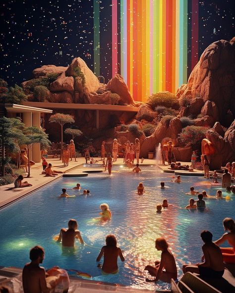 Vintage Pool Party, Tropical Futurism, Galactic Party, Vintage Futurism, Aesthetic Party, Scifi Art, Pool Art, Party Aesthetic, Psy Art