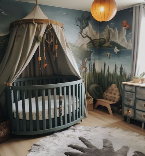 Outer Space Nursery Decor, Nursery Fantasy Theme, Cryptid Themed Nursery, Fantasy Forest Nursery, Forest Baby Boy Nursery, Forest Themed Baby Room, Baby Nursery Forest Theme, D&d Nursery, Dark Forest Nursery