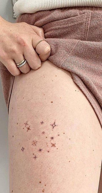 Thigh Tattoos Women Aesthetic, Blue Star Tattoo, Thigh Tattoos Women Simple, Sunlight Tattoo, Miniature Tattoos, Phone Widget, Tato Minimal, White Tattoos, Tattoos Infinity