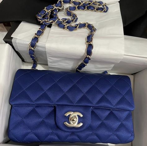 Chanel Mini Rectangular, Chanel Mini, Satin Bags, Luxury Purses, Timeless Handbag, Luxe Fashion, Blue Satin, Exclusive Bag, Half Moon