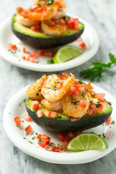 Stuffed Avocado Recipe with Shrimp { Low Carb } | Healthy Fitness Meals Shrimp Stuffed Avocado, Avocado Stuffed, Spiced Shrimp, Stuffed Avocados, Shrimp Stuffed, Easy Potluck, Stuffed Avocado, Keto Shrimp, Chili Spices