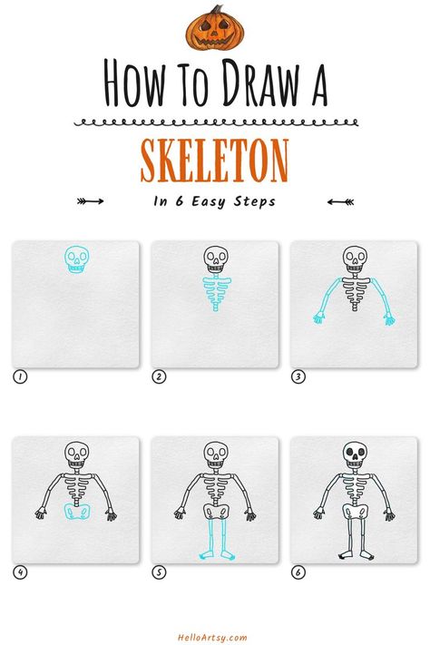 Step by step images teaching you how to draw an Easy Skeleton Drawing How To Draw A Skeleton Easy, Bones Drawing Easy, Draw A Skeleton, Easy To Draw Skeleton, Easy Drawings Skeleton, Draw Skeleton, Drawing A Skeleton, Skeleton Drawing Simple, Draw A Skeleton Easy