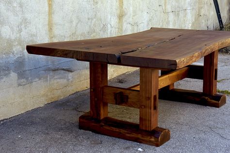 Minooka Dining Table California claro walnut slab top with solid black walnut trestle base with hand rubbed oil finish Diy Kitchen Table, Mahogany Dining Table, Kitchen Design Diy, Timber Table, Slab Table, Walnut Dining Table, Dining Table Design, Farm Table, Rustic Table