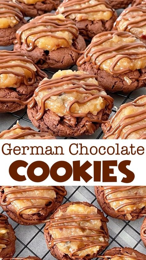 Craving something indulgent? Try this easy German Chocolate Cookies recipe! Made with cake mix, pudding, and topped with Coconut Pecan frosting & chocolate drizzle. Perfect for satisfying your sweet tooth! German Chocolate Cake Cookies, Hot Chocolate Cookie Recipes, Chocolate Pudding Cookies, German Chocolate Cookies, Pecan Frosting, Chocolate Cake Mix Cookies, German Christmas Cookies, Frosting Chocolate, Coconut Pecan Frosting