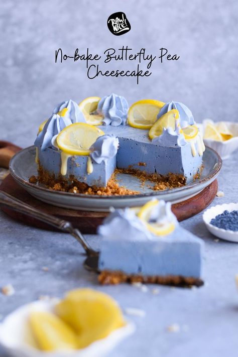 Easy no-bake vegan Butterfly Pea Cheesecake Butterfly Pea Powder, Edible Flowers Recipes, Melting White Chocolate, Butterfly Pea Flower, Vegan Cream Cheese, Butterfly Pea, Cookie Crust, Flower Food, Vegan Cookies