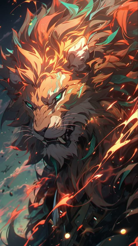 Lion Anime Art, Fantasy Lion, Fantasy Lion Art, Fantasy Lion Mythical Creatures, Lion Fire Wallpaper, Magic Lion Fantasy Art, Anime Lion, Lion Artwork, Mythical Creatures Fantasy