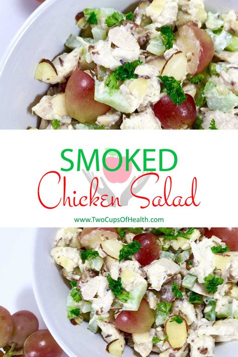 Smoked chicken salad: colorful, quick and healthy. Make this quick nourishing salad for your family, or just to enjoy for yourself. #smokedchicken #chickensalad #healthyeating Smoked Chicken Pasta Salad, Smoked Chicken Salad Recipe, Cold Sides, Smoked Chicken Salad, Grilled Side Dishes, Sea Food Salad Recipes, Chicken Salads, Chicken Caesar Pasta Salad, Homemade Tahini