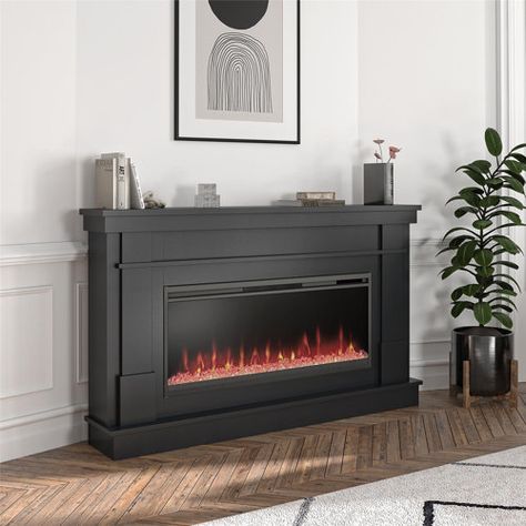 Latitude Run® Kadajah 48" No Assembly Required Fireplace Mantel | Wayfair Contemporary Electric Fireplace, Dark Living Room Furniture, Media Electric Fireplace, Linear Electric Fireplace, Electric Fireplace With Mantel, Electric Fireplace Mantle, Dark Living Room, Linear Fireplace, Laminated Mdf