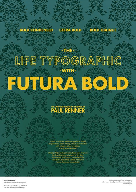 Futura Bold | Massimo's Twelve | Mandy Fleetwood Wes Anderson Graphic Design, Wes Anderson Font, Wes Anderson Design, Typography Exhibition, West Anderson, We Anderson, Wes Anderson Aesthetic, Wes Anderson Style, Pattern Layout