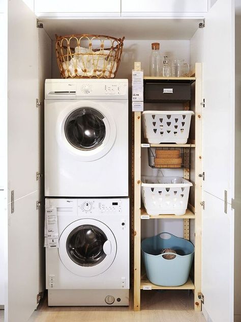 Ikea Laundry, Ikea Small Spaces, Ikea Shelving Unit, Laundry Cupboard, Ikea Laundry Room, Utility Room Storage, Narrow Laundry Room, Laundry Room Hacks, Laundry Room Ideas Small Space