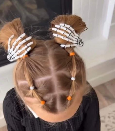 Toddler Spooky Hair Day, Pumpkin Patch Hairstyles Kids, Pumpkin Hairstyles For Kids, Halloween Toddler Hairstyles, Cute Halloween Hairstyles For Kids, Toddler Halloween Hairstyles, Halloween Hair Ideas For Kids, Toddler Halloween Hair, Skeleton Hair Ideas