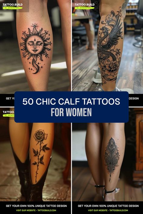 Looking to spice up your style? Check out these 50 stunning calf tattoo ideas for women! From elegant black rose designs to mystical sun and moon motifs, these tattoos will definitely make your legs a showstopper. Whether you prefer a playful feather tattoo or something more sophisticated, get inspired by unique calf tattoos that accentuate your individuality. Perfect for anyone seeking fresh ink styles that'll turn heads and bring life to your legs Tattoo Ideas For Calf Women, Clock Leg Tattoos Women, Tattoo On Back Of Calf For Women, Rose Tattoo On Calf For Women, Leg Line Tattoos Women, Tattoo Ideas Calf Female, Back Of Calves Tattoo, Womens Tattoos Leg, Feminine Calf Tattoos For Women