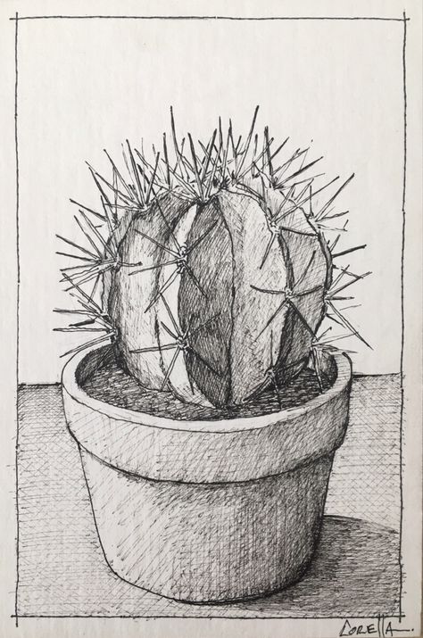 Potted Cactus Drawing, Cactus Drawing Pencil, Cactus Ink Drawing, Succulent Drawing Sketches, Plant Pencil Drawing, Cactus Drawing Simple, Flower Pot Sketch, Sketch Cactus, Cacti Drawing