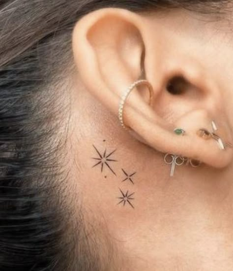 Tragus Tattoo, Star Tattoos Behind Ear, Sparkle Tattoo, Small Star Tattoos, Behind Ear Tattoos, Tato Minimal, Small Pretty Tattoos, Petite Tattoos, Red Ink Tattoos