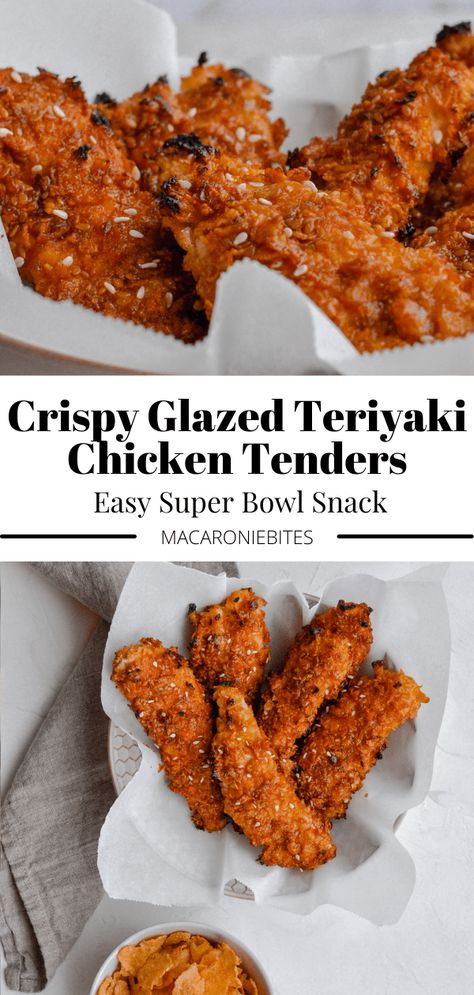 These Crispy Glazed Teriyaki Chicken tenders are the perfect Superbowl Snack! Easy to make, delicious and such a crowd pleaser. #SuperbowlSnacks #Appetizers #ChickenTenders #TeriyakiTenders #SuperbowlApps Teriyaki Chicken Tenders, Superbowl Snack, Football Sunday Food, Sunday Food, Snack Easy, Healthy Superbowl Snacks, Baked Chicken Tenders, Football Sunday, Superbowl Snacks