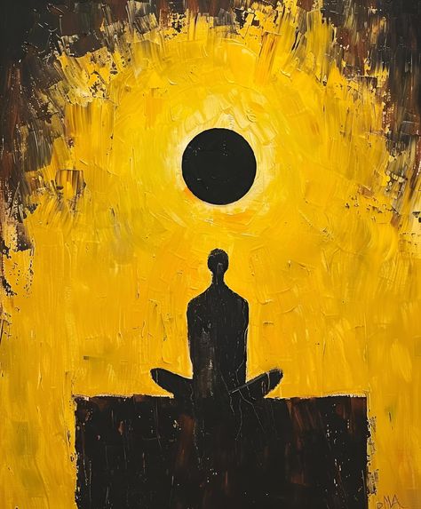 Save & follow for more stunning art! Immerse yourself in this abstract painting of a meditative silhouette seated against a vibrant yellow backdrop. A large black circle above adds a captivating contrast, evoking thoughts of a solar eclipse. The textured background and striking composition make it a perfect piece for adding modern elegance to your space. Get your art print or image prompt now! #ArtPrint #MeditativeArt #ModernArt #AbstractPainting #SunAndMoon #imageprompt #Aiimage Meditating Silhouette, Eclipse Painting, Canvas Illustration, Meditative Art, Soul Painting, Yellow Backdrop, Sacred Circle, Symmetry Art, Sell Photos