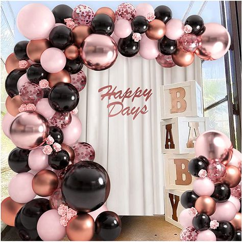 Rose Gold Party Theme, Black Party Decorations, 18th Birthday Decorations, Ballon Party, Gold Party Decorations, Rose Gold Balloons, Garland Arch, Rose Gold Party, Garden Birthday