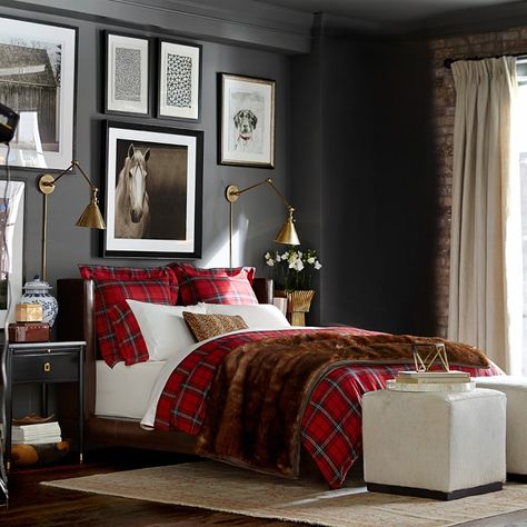 Red Tartan Pillow Shams | Williams Sonoma Dark Bohemian, Tartan Bedding, Bedroom Dark, Winter Bedroom, Teen Boy Bedroom, Luxury Duvet Covers, Creative Bedroom, Bedroom Red, Bedroom Black