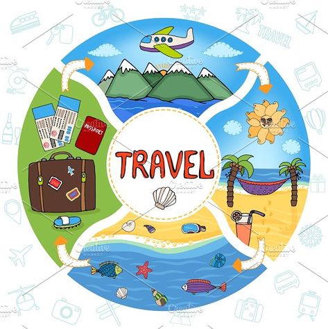 Summer vacation concept @creativework247 My Dream Vacation Drawing, Summer Vacation Drawing Ideas, Summer Vacation Drawing, Vacation Drawing, Holiday Drawings, Airplane Bag, Fishes Swimming, Beach Vector, Passport Travel