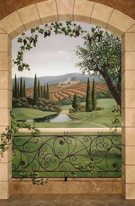 Tuscany wine room Garden Mural, Tuscan Design, Faux Painting, Tuscan Decorating, Mural Ideas, Tuscan Style, Wine Room, Furniture Restoration, Mural Painting