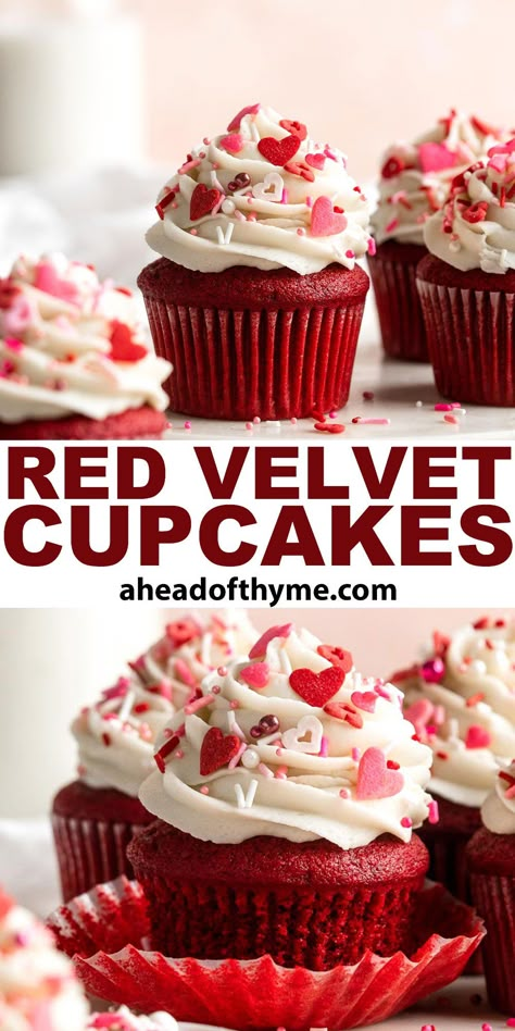 These Red Velvet Cupcakes with cream cheese frosting are delicious, rich, and perfectly sweet. Moist and fluffy red velvet cake batter with a deep cocoa flavor is perfectly balanced by a homemade cream cheese frosting and sprinkles. You don’t need professional baking experience to make these Valentine’s cupcakes — just a spare hour and standard baking ingredients! Perfect for special occasions like Valentine’s Day or Christmas parties. | aheadofthyme.com #redvelvetc... via @aheadofthyme Best Red Velvet Cupcake Recipe, Best Red Velvet Cupcakes, Bread Braid, Bread Christmas, Red Velvet Cupcakes Recipe, Bread Cinnamon, Bread Banana, Valentines Recipes Desserts, Bread Chocolate