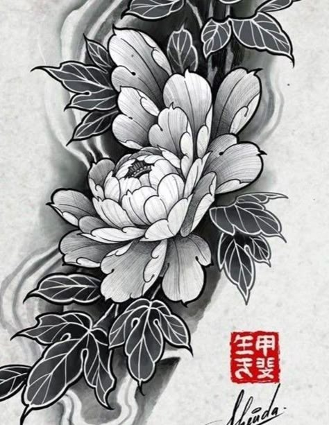 Japanese Style Peony Tattoo, Japan Flower Tattoo Design, Peony Design Tattoo, Japanese Flowers Tattoo Design, Japanese Peony Drawing, Japanese Peony Tattoo Design, Japanese Floral Tattoo, Peony Flower Tattoo Design, Japanese Flower Tattoo Design