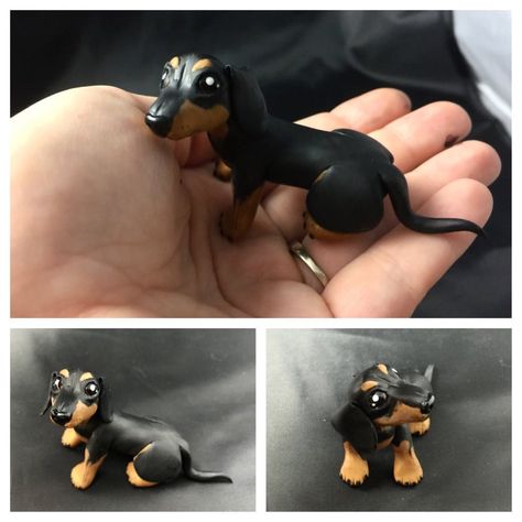 Dachshund by LittleCLUUs on DeviantArt Polymer Clay Sausage Dog, Polymer Clay Dachshund, Clay Dachshund, Clay Dogs, Dapple Dachshund Puppy, Dog Birthday Cake, Dapple Dachshund, Sculpey Clay, Clay Stuff