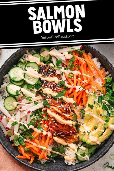 Salmon Bowls are an easy dinner that's ready in 30 minutes. Teriyaki glazed salmon served over rice with crunchy veggies and creamy avocado. Lemon Herb Salmon And Avocado Quinoa Bowl, Salmon Orzo Bowl, Teriyaki Salmon Sushi Bowl, Healthy Asian Salmon Recipes, Korean Salmon Rice Bowl, Siracha Salmon Rice Bowl, Salmon Broccoli Rice Bowl, Salmon Rice Bowl Recipes, Salmon Buddha Bowl