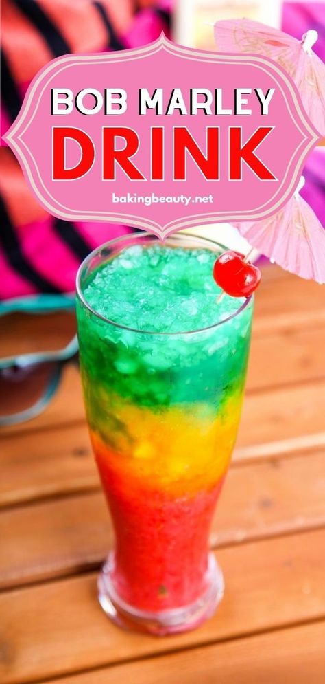 Try to make this summer cocktail recipe, the Bob Marley drink recipe! Don't know how to make it? No problem. This Bob Marley cocktail has three different fruity flavors and this layered drink tastes like no other. One of the best adult slushies ever! Bob Marley Drink Recipe How To Make, Strong Fruity Alcoholic Drinks, How To Layer Drinks, Club Special Drink Recipe, Bob Marley Cocktail, Bob Marley Drink Recipe, Boozy Snacks, Fun Summer Drinks Alcohol, Boozy Slushies