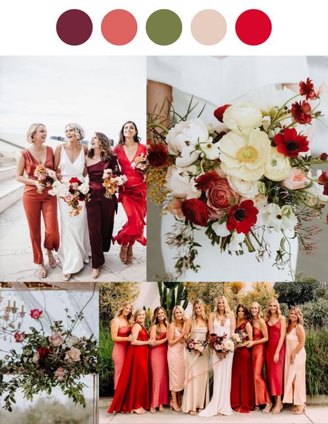 Red Pink Bridesmaid Dresses, Mixed Red Bridesmaid Dresses, Red Floral Bridesmaid Dresses, Red Bridesmaid Dresses Summer, Pink And Red Bridesmaid Dresses, Raspberry Wedding Color Scheme, Red And Pink Bridesmaid Dresses, Summer Red Wedding, Bridesmaids Colors Summer