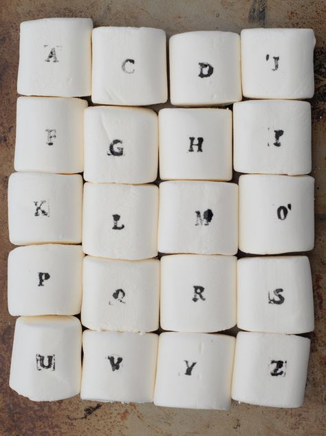 stamped marshmallows - initials of wedding couple - would be nice for party favors or guest welcome gifts for a winter wedding Bento Lunches, Dessert Set, Active Learning, Alphabet Soup, Alphabet Stamps, Sagittarius Capricorn, Handmade Knives, Wedding Catering, Outdoor Games