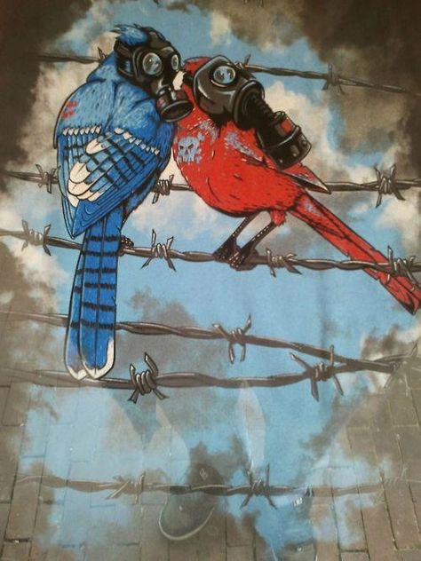 Street art | Mural "Gaz Birds" by Maxime Archambault Birds, Tumblr, Red, Blue