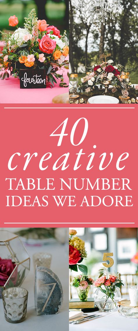 40 Reception Table Numbers We Absolutely Adore | Junebug Weddings Cute Wedding Table Number Ideas, Reception Table Number Ideas, Table Numbers For Wedding Reception, Unique Table Number Ideas, Wedding Reception Table Numbers, Table Themes Ideas, Table Number Ideas For Weddings, Spring Wedding Table Centerpieces, Table Number Ideas Wedding