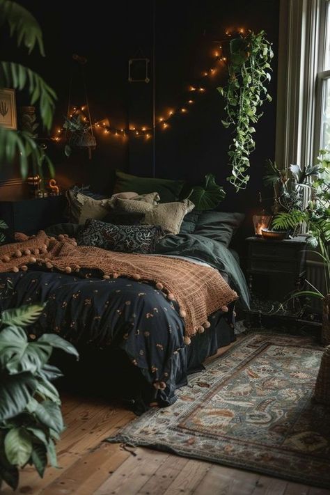 Black Room With Plants Aesthetic, Black Walls Room Aesthetic, Dark Aesthetic Bathroom Decor, Dark Bedrooms Decor, Dark Woodsy Bedroom, Western Gothic Aesthetic Bedroom, Moody Bohemian Bedroom, Room Theme Aesthetic, Dark Boho Home Decor