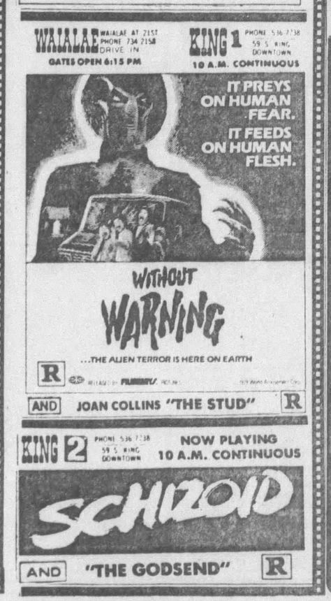 Horror Newspaper, Retro Cinema, Movie Ads, Without Warning, Classic Cinema, Cinema Theatre, Vintage Television, 80s Horror, Classic Sci Fi