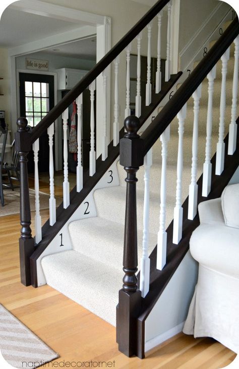 Liz of the Naptime Decorator shares this quick and easy project she did over the… Banister Makeover, Bannister Ideas, Banister Ideas, Banister Remodel, Stairs Makeover Design, Railing Makeover, Diy Stairs Makeover, Stair Railing Makeover, Painted Staircases