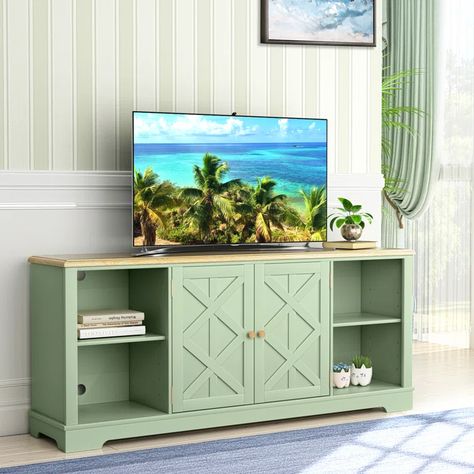 Sand & Stable Portsea 70'' Media Console & Reviews | Wayfair Green Entertainment Center, Green Tv Stand, Farmhouse Style Tv Stand, 70 Inch Tv Stand, Coastal Farmhouse Style, Rustic Tv Stand, Entertainment Area, Flat Panel Tv, Room Ambiance