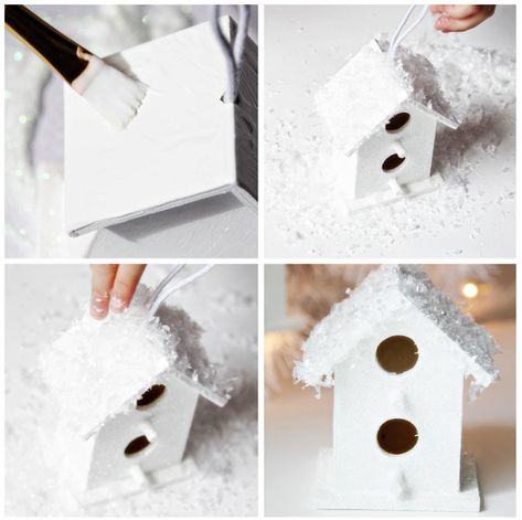 DIY Snowy Birdhouses - Paint Me Pink Winter Bird Houses Diy, Bird House Ornaments Diy, Birdhouse Ornaments Diy, Christmas Bird Houses Ideas Diy, Holiday Birdhouses, Christmas Birdhouse, Birdhouse Ornaments, Birdhouse Craft, Bird Houses Ideas Diy