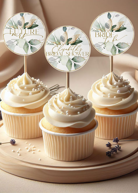 Cupcake Toppers Template for Bridal Shower Party Printable Greenery Gold Cupcake Topper, Editable Templet Eucalyptus tag Cupcake Toppers Template, Green Bridal Showers, Bridal Shower Desserts, Bridal Shower Cupcakes, Gold Cupcakes, Party Printable, Bridal Shower Party, Cupcake Topper, Shower Party