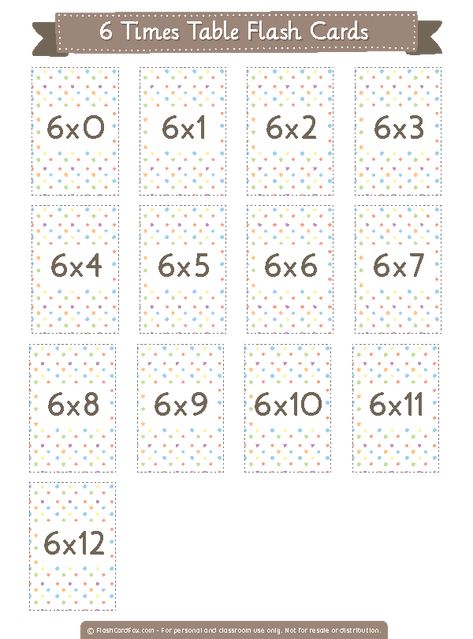 Free printable 6 times table flash cards. Download them in PDF format at http://flashcardfox.com/download/6-times-table-flash-cards/ Times Table Flash Cards, Multiplication Flash Cards Printable, 10 Times Table, 6 Times Table, 9 Times Table, 12 Times Table, Multiplication Flash Cards, Division Flash Cards, Times Tables Worksheets