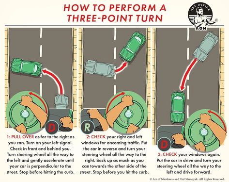 How to Perform a Three-Point Turn 3 Point Turn Driving, Cars Knowledge, Car Care Checklist, Dmv Driving Test, Driving Tips For Beginners, Learning To Drive Tips, Driving Test Tips, Learn Car Driving, Driving Basics