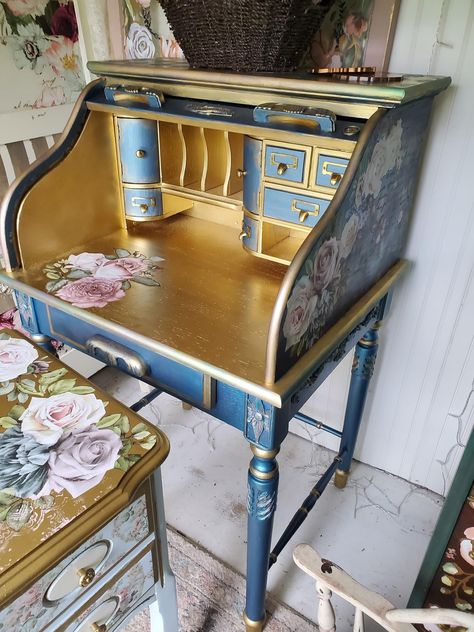 Repurposed Writing Desk, Funky Desk Ideas, Roll Top Desk Makeover, Painted Desks, Diy Furniture Repair, Vintage Furniture Makeover, Painted Desk, Secretary Desk, Furniture Rehab