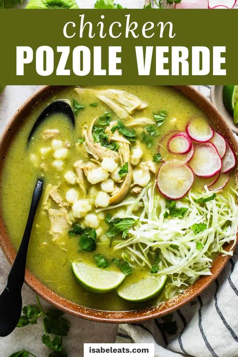 This pozole verde recipe is a traditional Mexican stew featuring juicy shredded chicken and hominy in a bright and tangy broth made from tomatillos and green chiles. It’s easy to make, hearty, and ready in only one hour! It's the best darn chicken pozole out there and is perfect for any time of year. Easy Chicken Posole Verde, Verde Posole, Green Pozole Recipe, Green Posole Recipe, Mexican Style Dinner, Green Posole, Mexican Holiday Recipes, Chicken Pozole Verde Recipe, Pazole Recipe