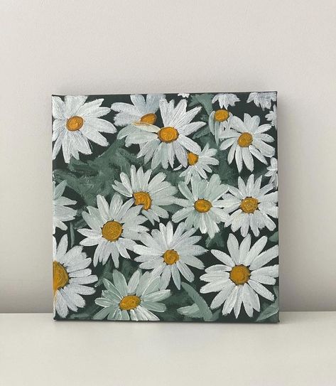 Daisies. Oil on canvas 8x8" Daisy Canvas Painting, Daisy Painting Easy, Daisy Acrylic Painting, Daisy Paintings, Daisy Artwork, Flower Canvas Painting, Custom Pet Painting, Personalized Dog Gift, Daisy Painting