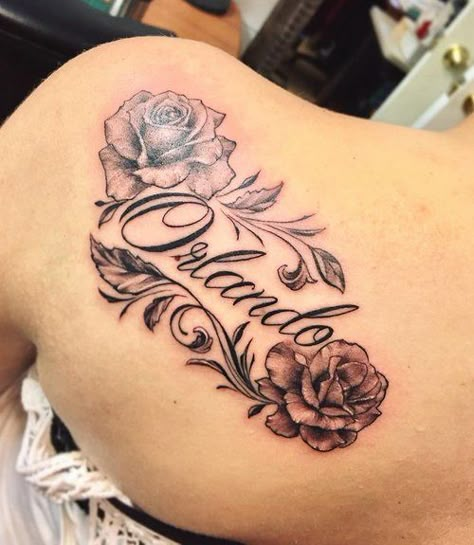 Name And Rose Tattoo, Roses With Names Tattoos, Name With Roses Tattoo, Rose Name Tattoos For Women, Rose Tattoos With Names, Name With Rose Tattoo, Names Tattoo Ideas For Women, Name Tattoos For Women, Boyfriend Tattoo