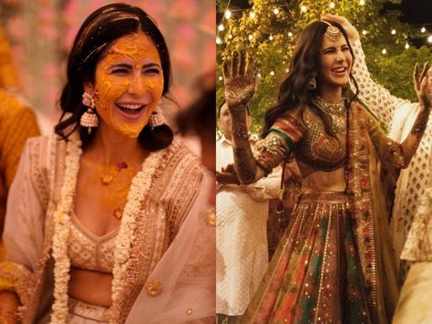 For all her wedding and pre-wedding ceremonies at Fort Barwara in Sawai Madhopur, Rajasthan, Katrina Kaif opted for stunning lehanga-cholis designed by her favourite ace designer Sabyasachi Mukherjee. The Sooryavanshi actress styled her outfits from Sabyasachi’s jewellery collection. For the pheras, the actress wore a classic red lehenga with zardozi borders in velvet.For the mehendi ceremony, Katrina wore a beautiful multi-coloured Sabyasachi lehenga, which featured panels of green, pink and ye Katrina Kaif Mehendi Lehenga, Katrina Wedding Lehenga, Katrina Haldi Outfit, Katrina Mehendi Outfit, Katrina Kaif Outfits Haldi, Sabyasachi Haldi Dress, Katrina Kaif Wedding Looks, Fort Barwara, Sangeet Lehanga