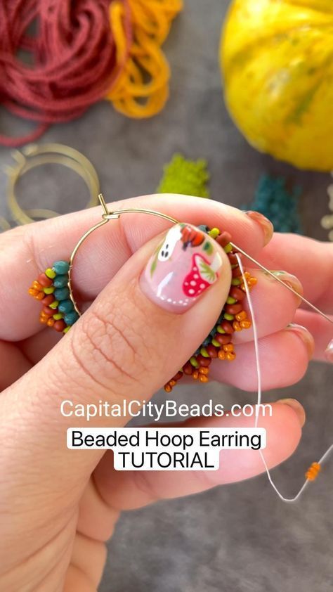 Beaded Hoop Earrings, DIY Jewelry Making tutorial. Brick Stitch Seed Bead Design by CapitalCityBeads Beaded Earrings Tutorial, Diy Beaded Earrings, Hoop Earrings Diy, Bead Jewelry Patterns, Diy Jewelry Making Tutorials, Diy Seed Bead Earrings, Beaded Jewelry Earrings, Seed Bead Jewelry Patterns, Beads Craft Jewelry