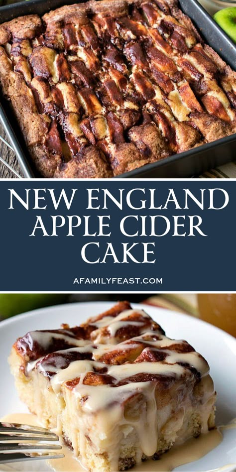 This New England Apple Cider Cake is very easy to make and very delicious – chock full of sliced Granny Smith apples in a simple, sweet cake that gets great flavor and moisture from cinnamon, heavy cream and apple cider! This cake also has a delicious, creamy apple cider glaze that gets drizzled over the top when served! #applecidercake #applecake Apple Cider Cake Recipe, Cider Cake Recipe, Creamy Apple Cider, Apple Cider Cake, Cider Cake, Apple Cider Glaze, Healthy Cake Recipes, Healthy Cake, Fall Dessert