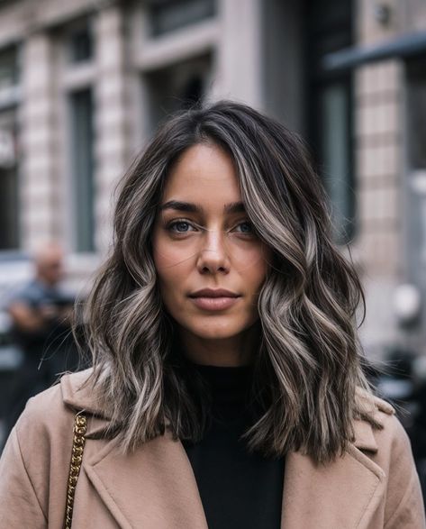 Dark Hair With Hints Of Blonde, Dark Brown And Ash Balayage, Dark Hair With Gray Balayage, Highlight And Lowlights Brown Hair, Hide Grey Hair With Highlights Brunettes Short Hair, Dark Hair To Hide Gray, Blend Greys In Dark Hair, Short Grey Balayage Hair, Brown And Grey Balayage Hair